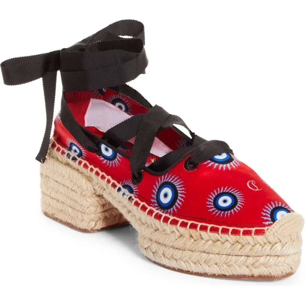 Christian Louboutin Red Espadrilles Evil Eye Platform Lace Up 9 39.5 Resort 🟡